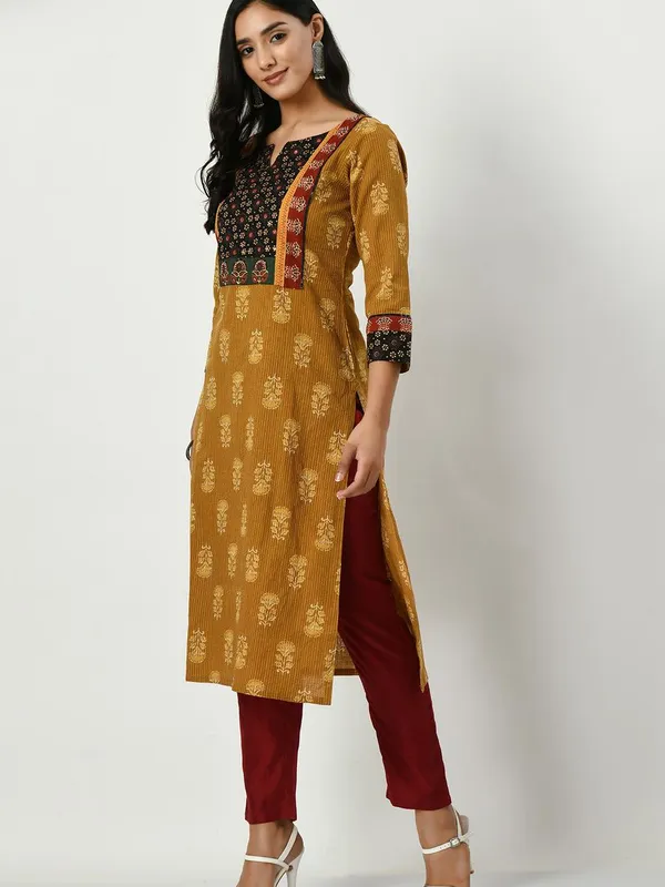 Mustard Yoke Stone and Mirror Work Printed Kurta