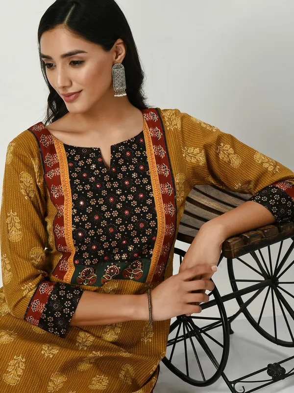 Mustard Yoke Stone and Mirror Work Printed Kurta