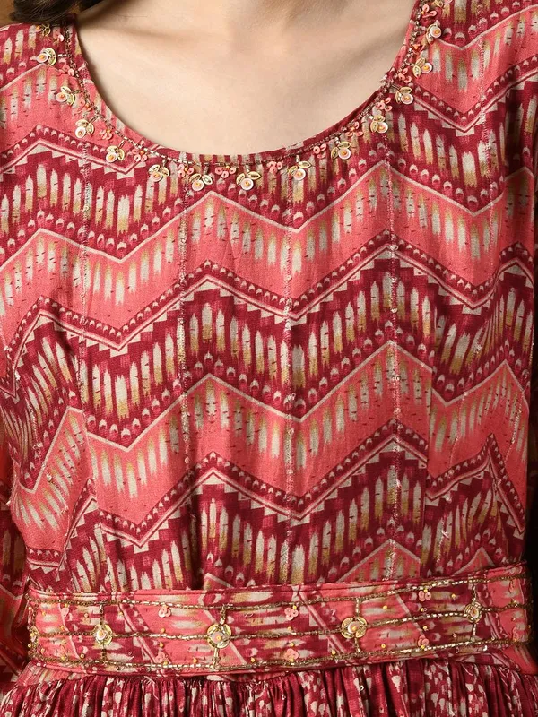 Pink Neck Stone Work Printed and Gather Jumpsuit