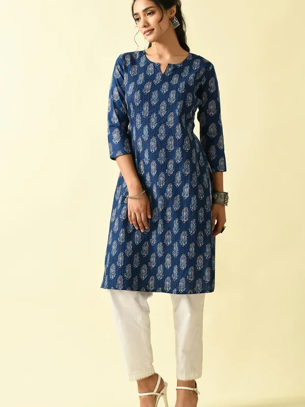 Blue Pintex Printed Straight Kurta