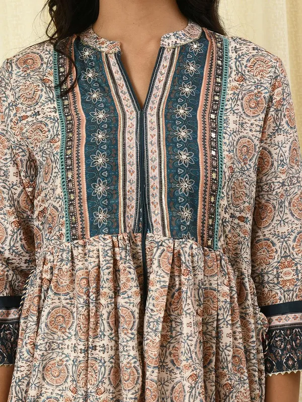 Cream Printed Gathered Dress