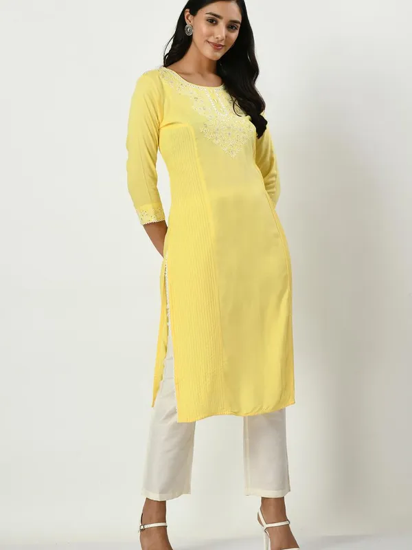 Yellow Yoke Embroidered Stone and Mirror Work Kurta