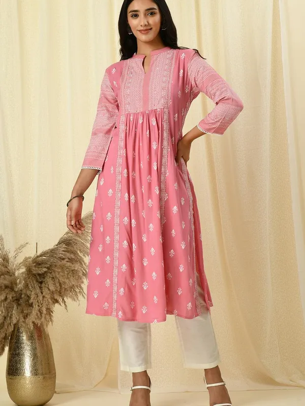 Pink yoke stone work printed Flared kurta