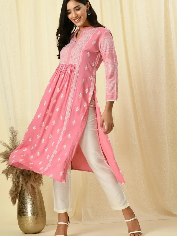 Pink yoke stone work printed Flared kurta