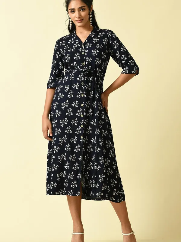 Blue Floral Printed A-line Dress