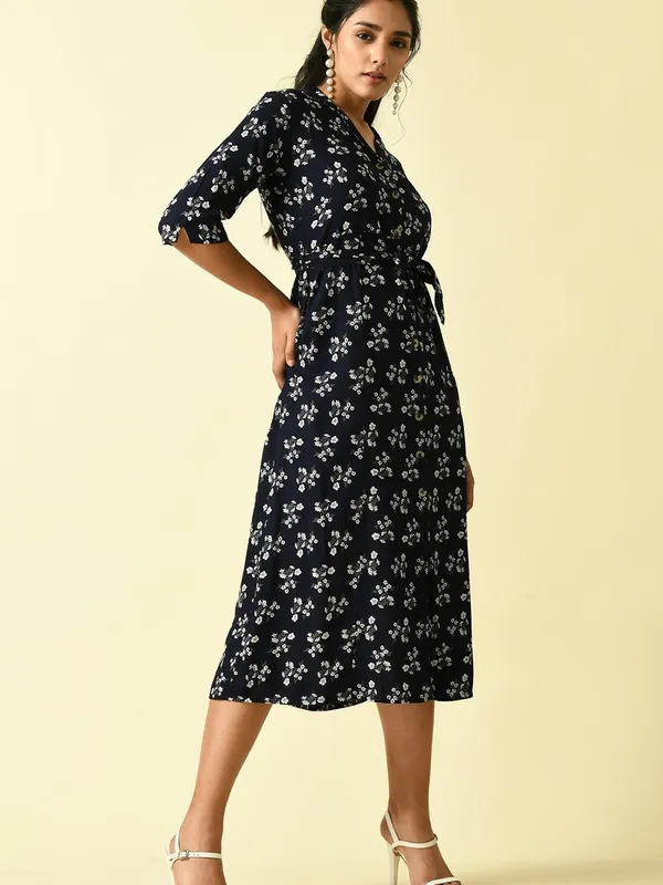 Blue Floral Printed A-line Dress