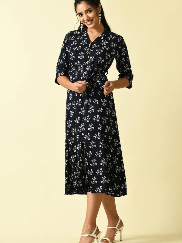 Blue Floral Printed A-line Dress