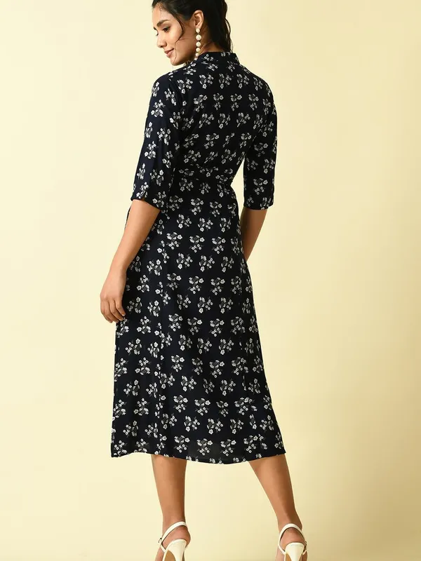 Blue Floral Printed A-line Dress