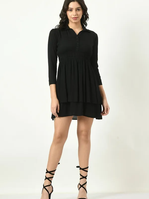 Black Solid Cinched Waist Dress