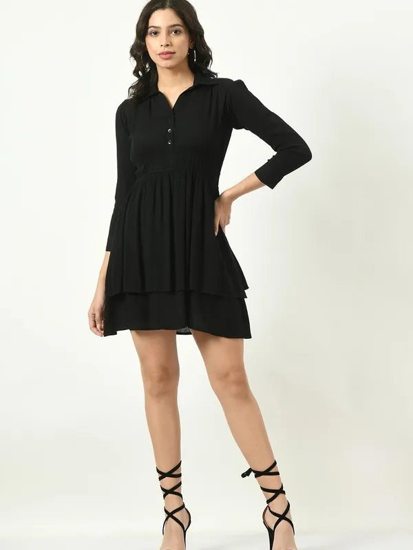 Black Solid Cinched Waist Dress