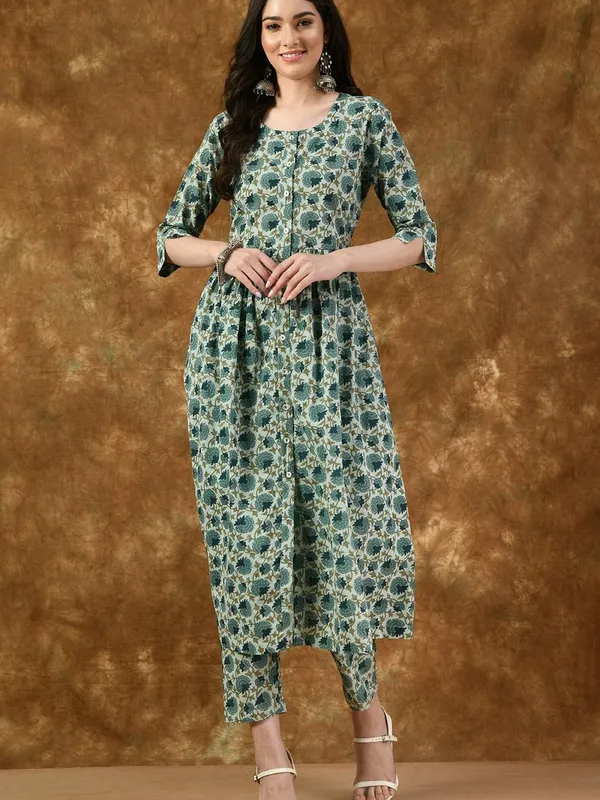 Pista Green Floral Printed Kurta Set