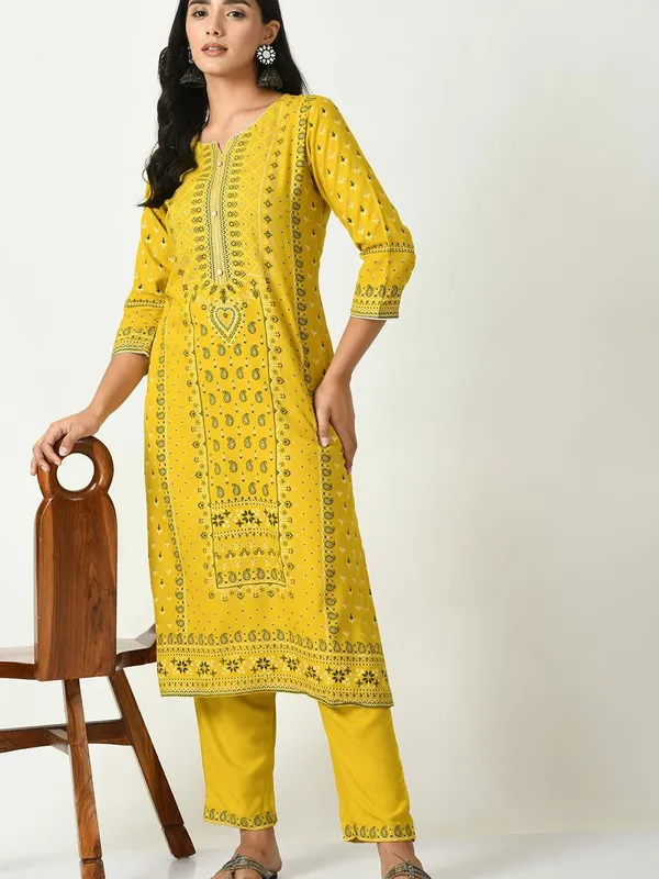 Mustard Yoke Stone Work Printed Kurta Set