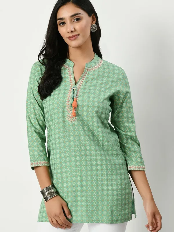 Green Yoke Embroidered Printed Top
