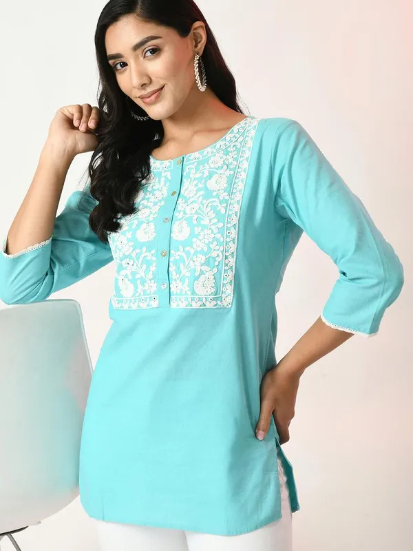 Blue Yoke Embroidered Top