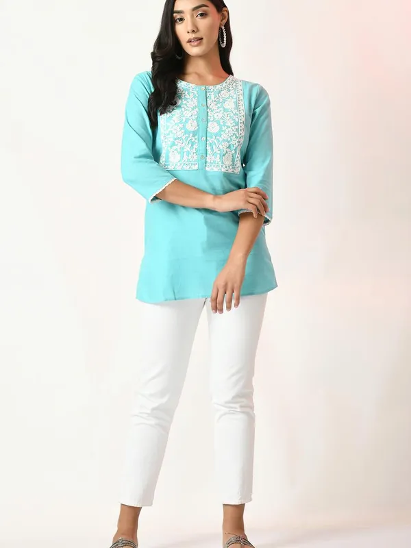 Blue Yoke Embroidered Top