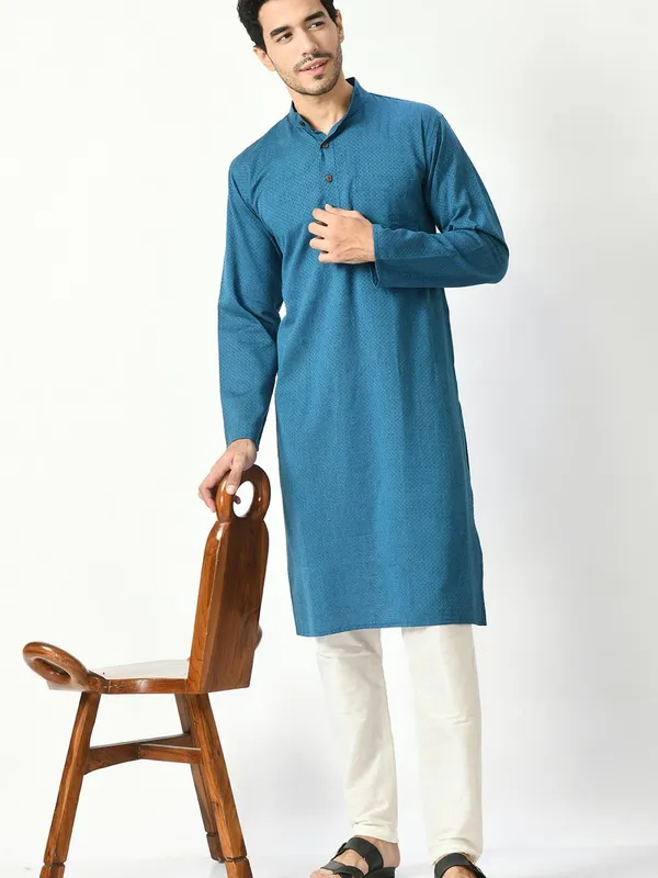 Blue Cotton Dobby Regular Fit Long Kurta