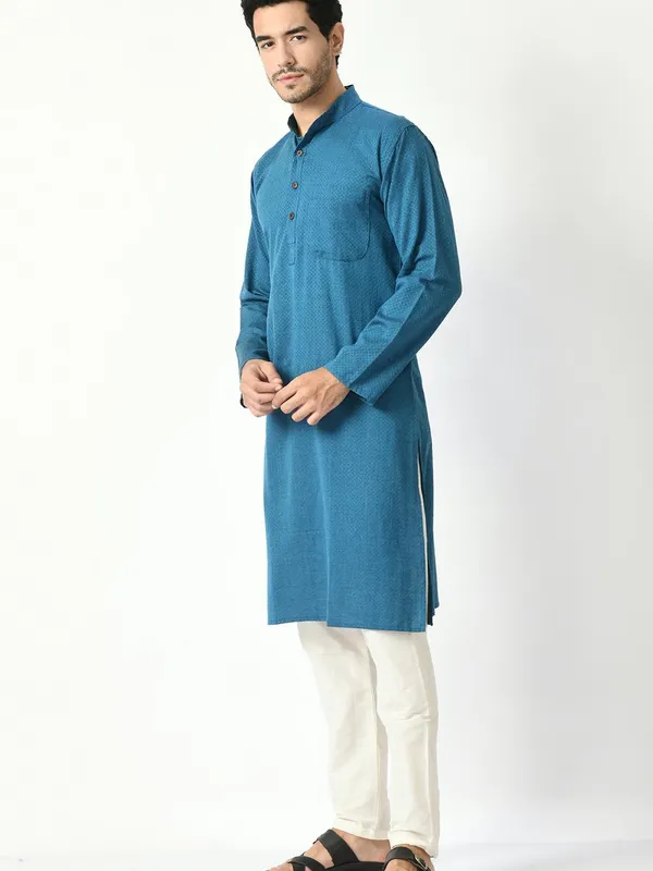 Blue Cotton Dobby Regular Fit Long Kurta