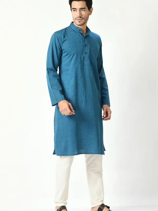 Blue Cotton Dobby Regular Fit Long Kurta