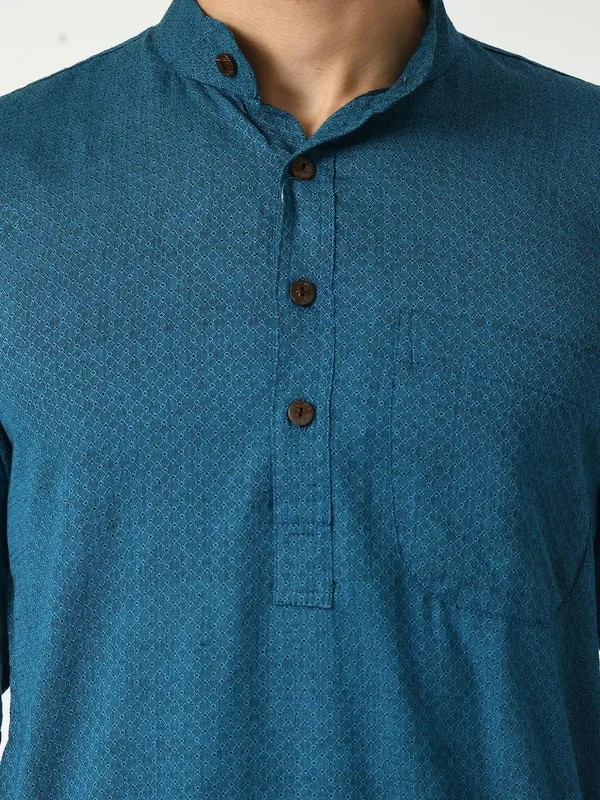 Blue Cotton Dobby Regular Fit Long Kurta