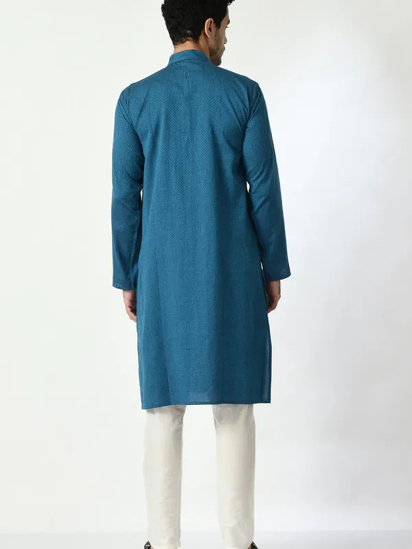 Blue Cotton Dobby Regular Fit Long Kurta