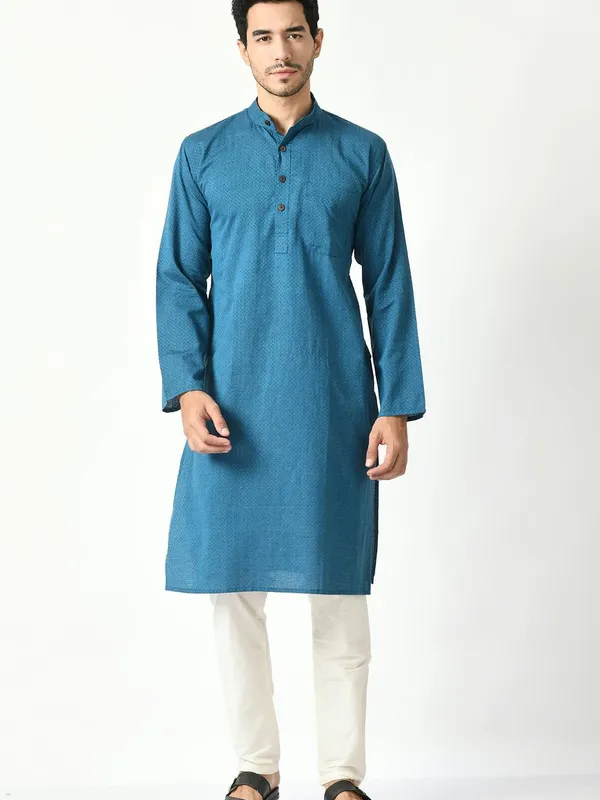 Blue Cotton Dobby Regular Fit Long Kurta