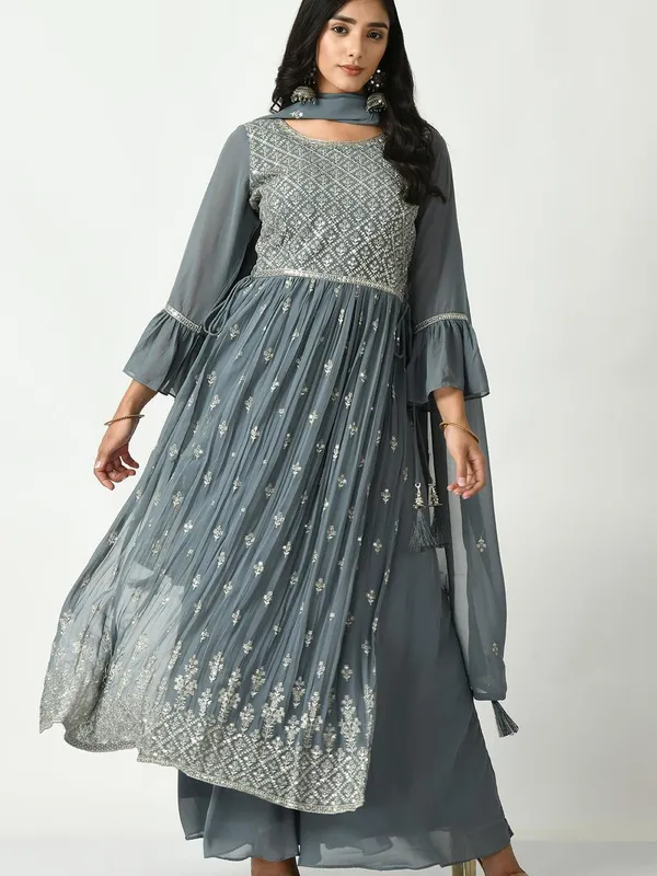 Grey Zari Embroidered Kurta Set