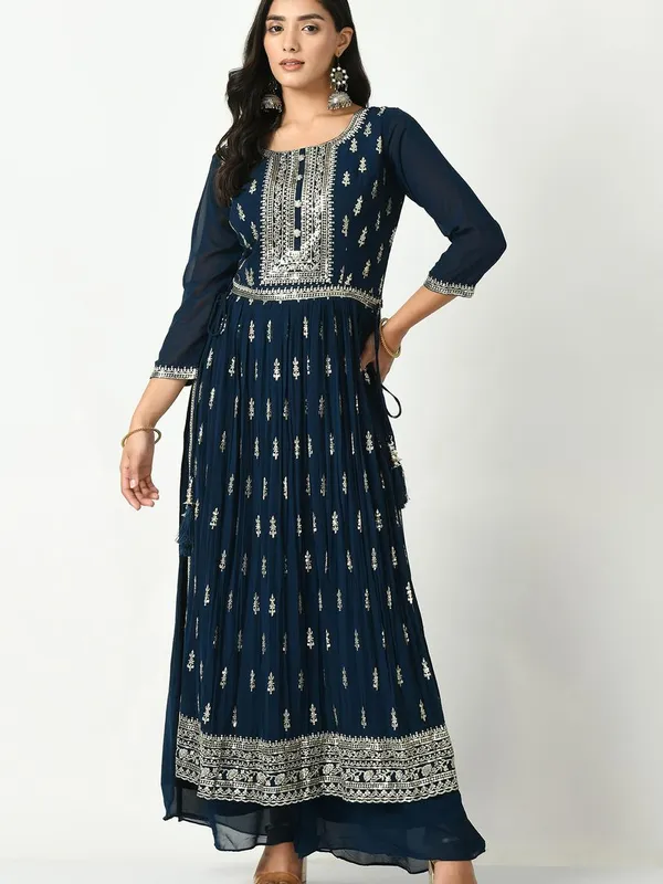 Teal Zari Embroidered Kurta Set