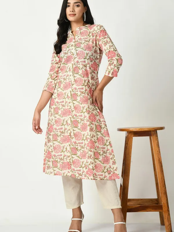 Cream Floral Printed A-Line Kurta