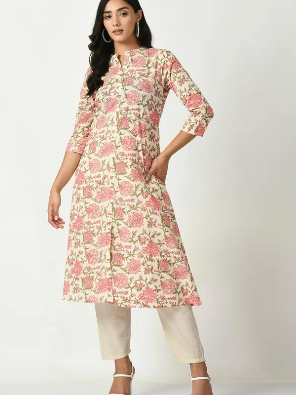 Cream Floral Printed A-Line Kurta