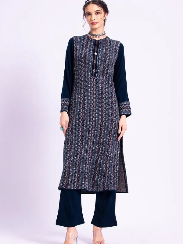 Winter Blue Woven Design Kurta Set