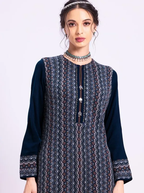 Winter Blue Woven Design Kurta Set