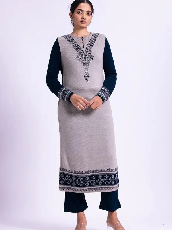 Winter Blue Woven Design Kurta Set