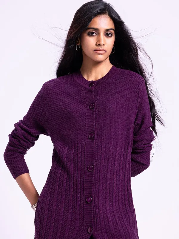 Winter Purple Knitted Longline Cardigan