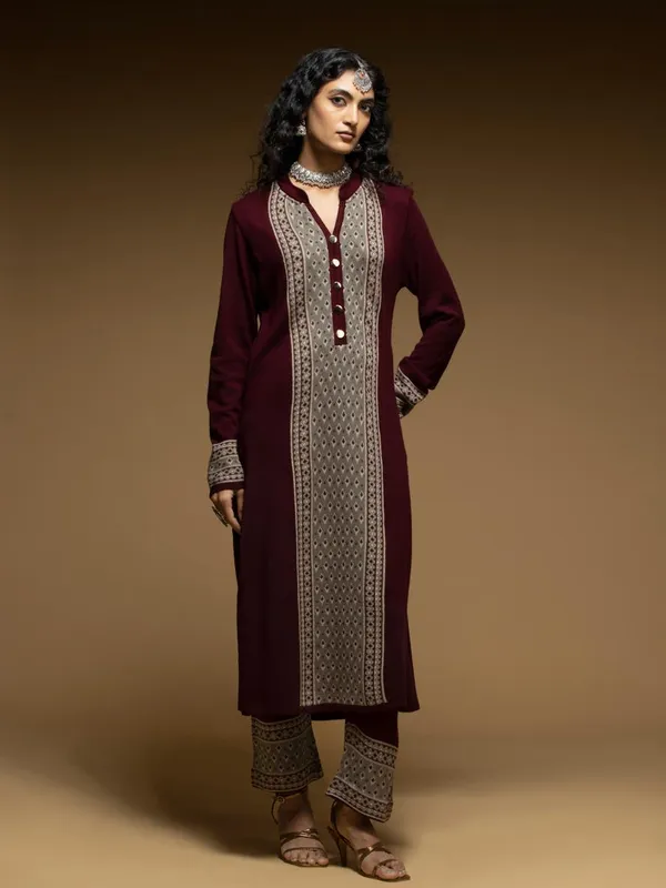 Winter Maroon Woven Design Kurta Set