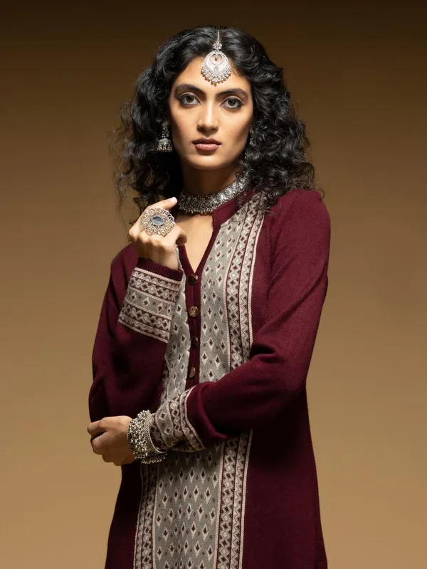 Winter Maroon Woven Design Kurta Set