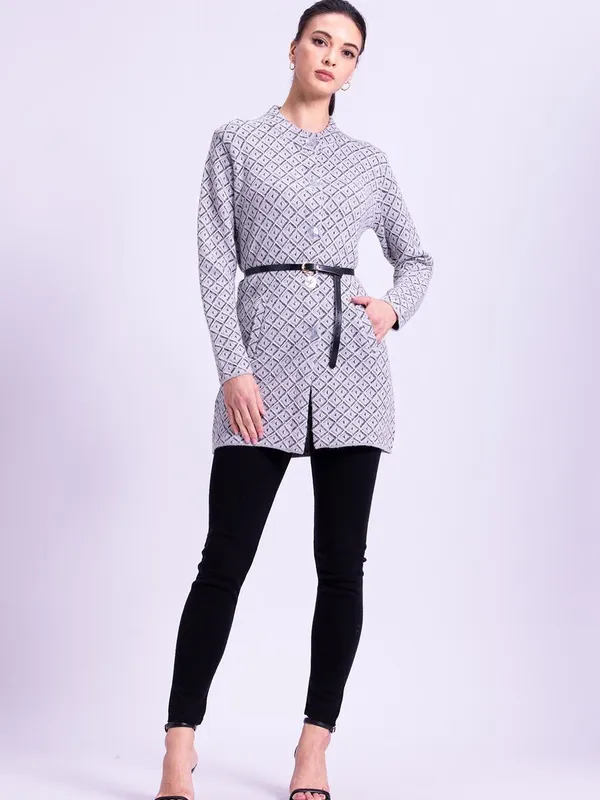 Winter Grey Self Design Glittered Longline Cardigan