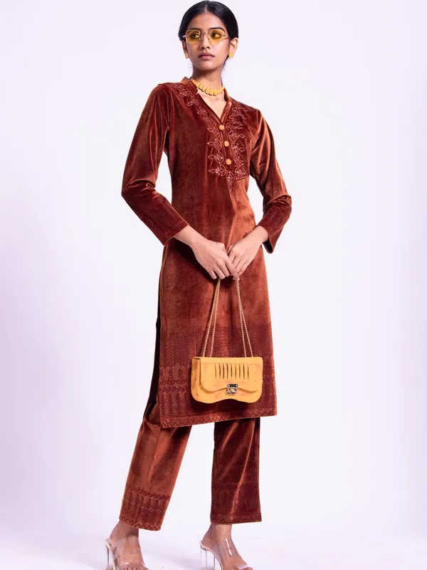 Winter Brown Embellished Velvet Kurta Set