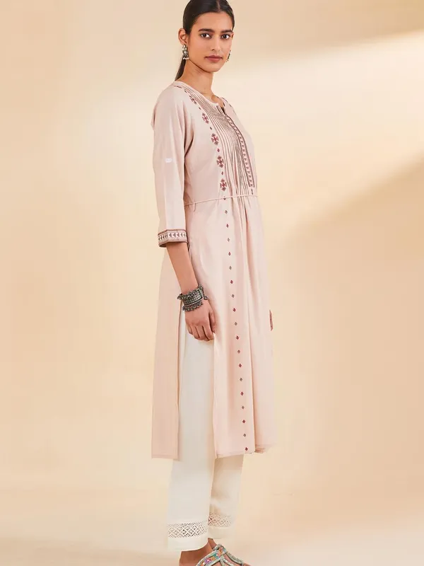 Beige Embroidered Straight Kurta