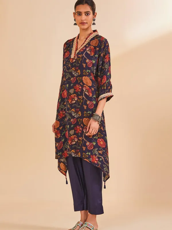 Navy Blue Printed A-Line Kurta Set