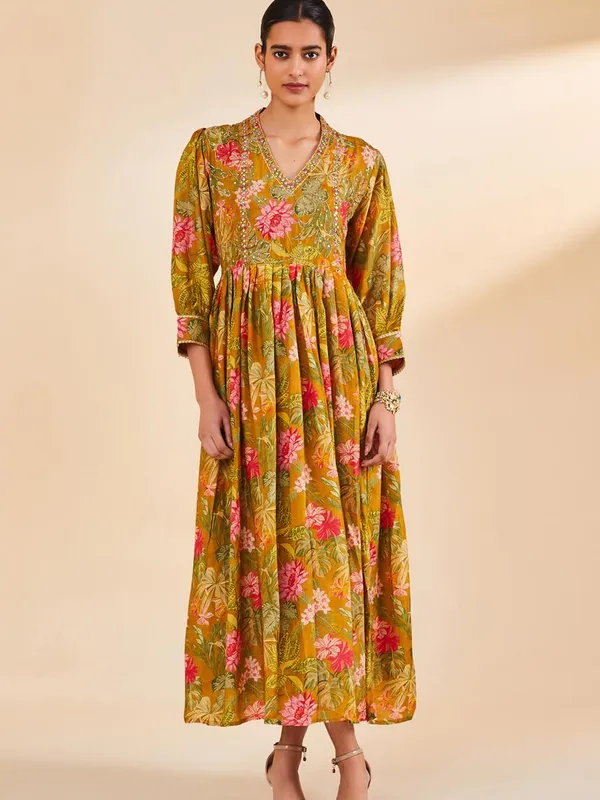 Mustard Floral Printed Flared Dress