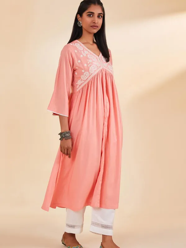 Peach Yoke Embroidered Dress