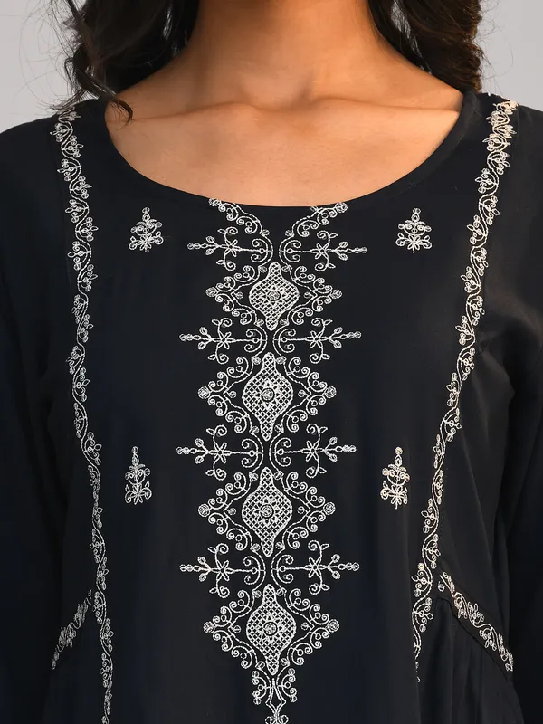 Black Embroidered A Line Kurta
