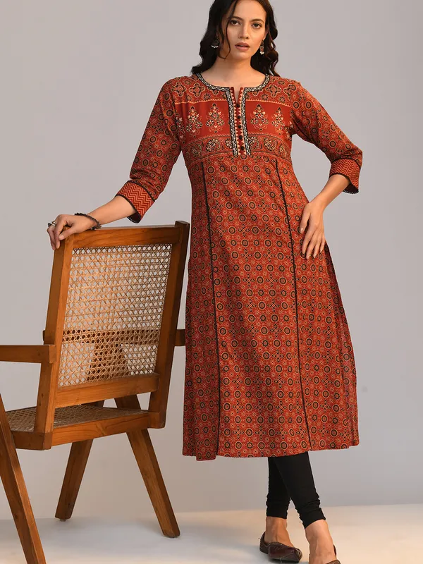 Rust Printed Straight Kurta