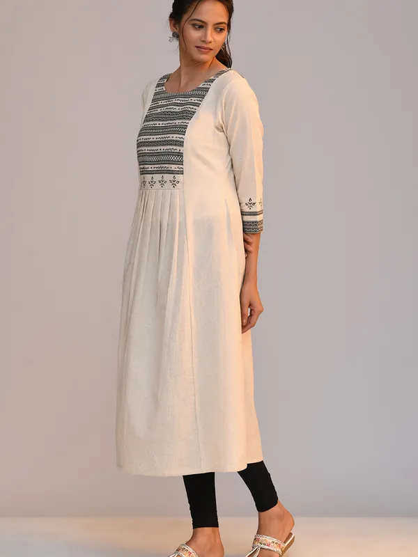 Cream Yoke Embroidered A Line Kurta