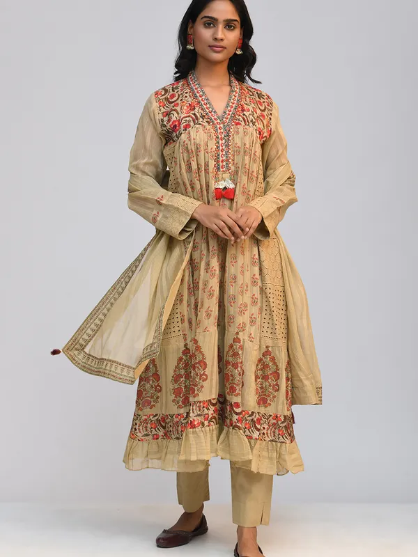 Beige Printed Flared Kurta Set