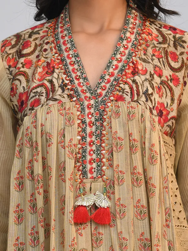 Beige Printed Flared Kurta Set