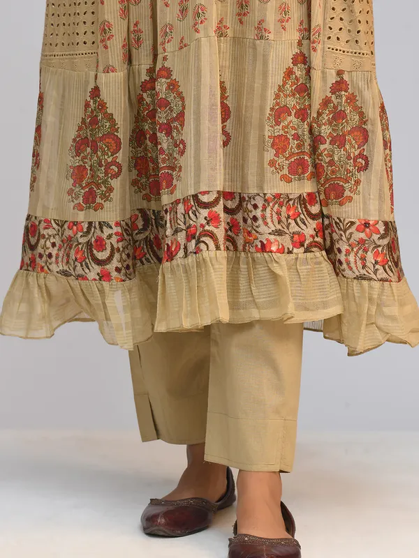 Beige Printed Flared Kurta Set