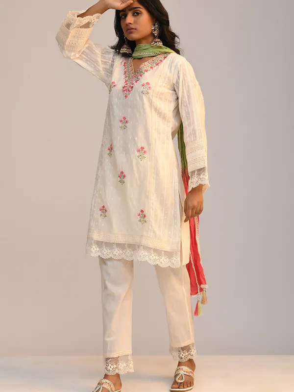 Cream Embroidered Kurta Set