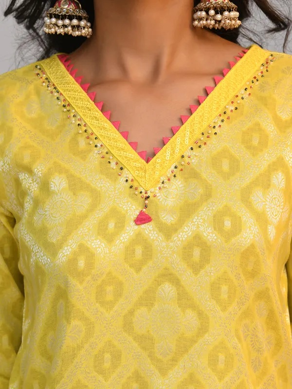 Yellow Printed A Line Kurta Set