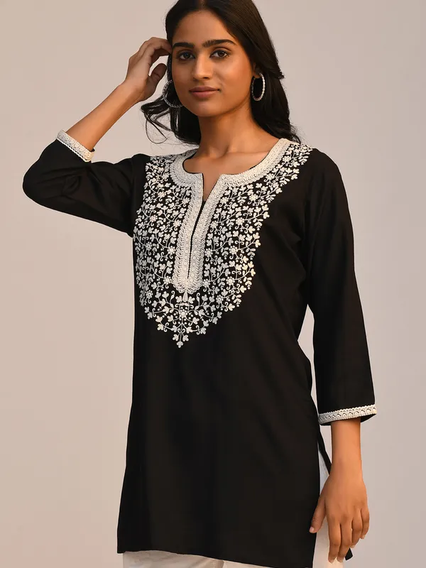 Black Embroidered Straight Top